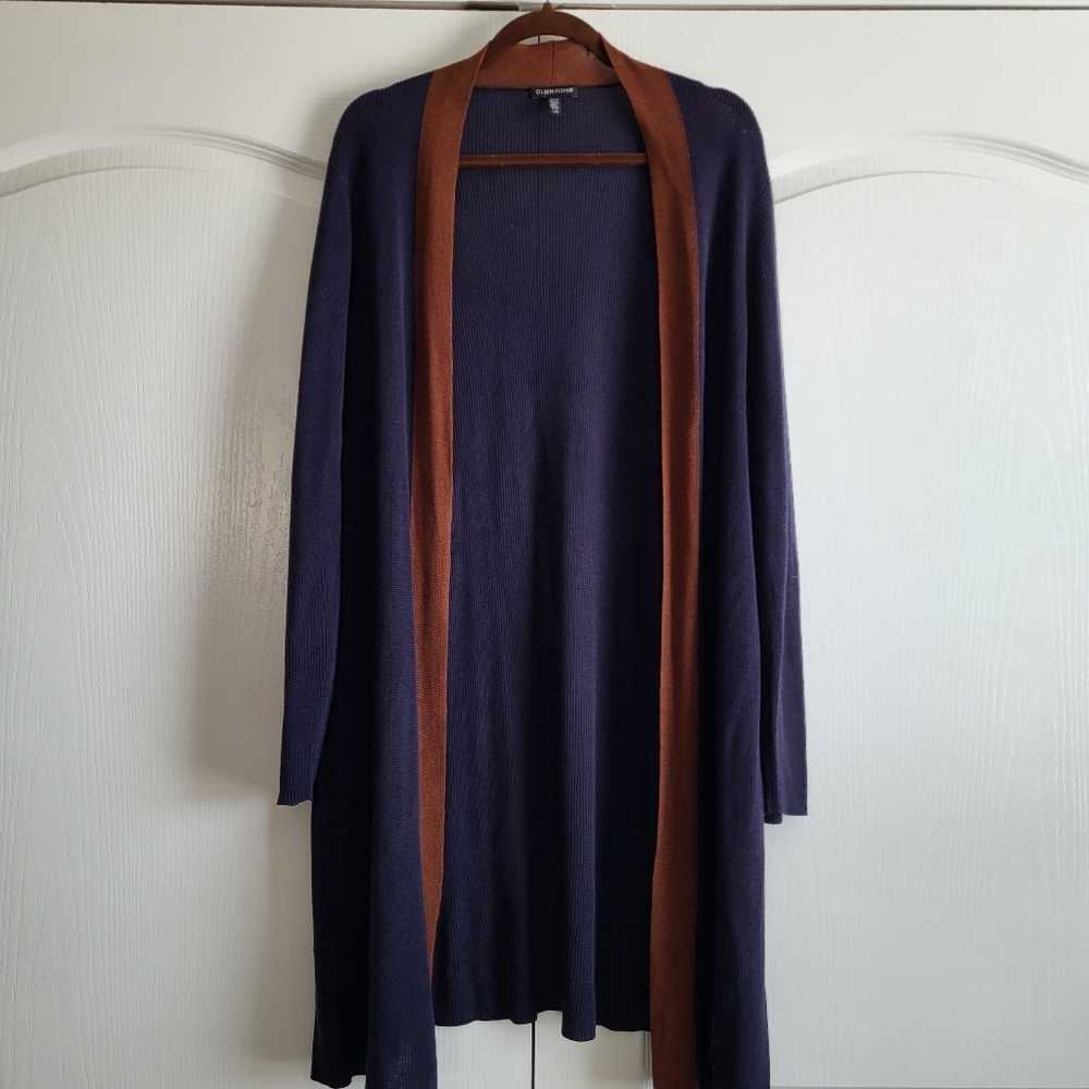 Eileen Fisher Tencel Silk Duster Cardigan navy blue brown Size L